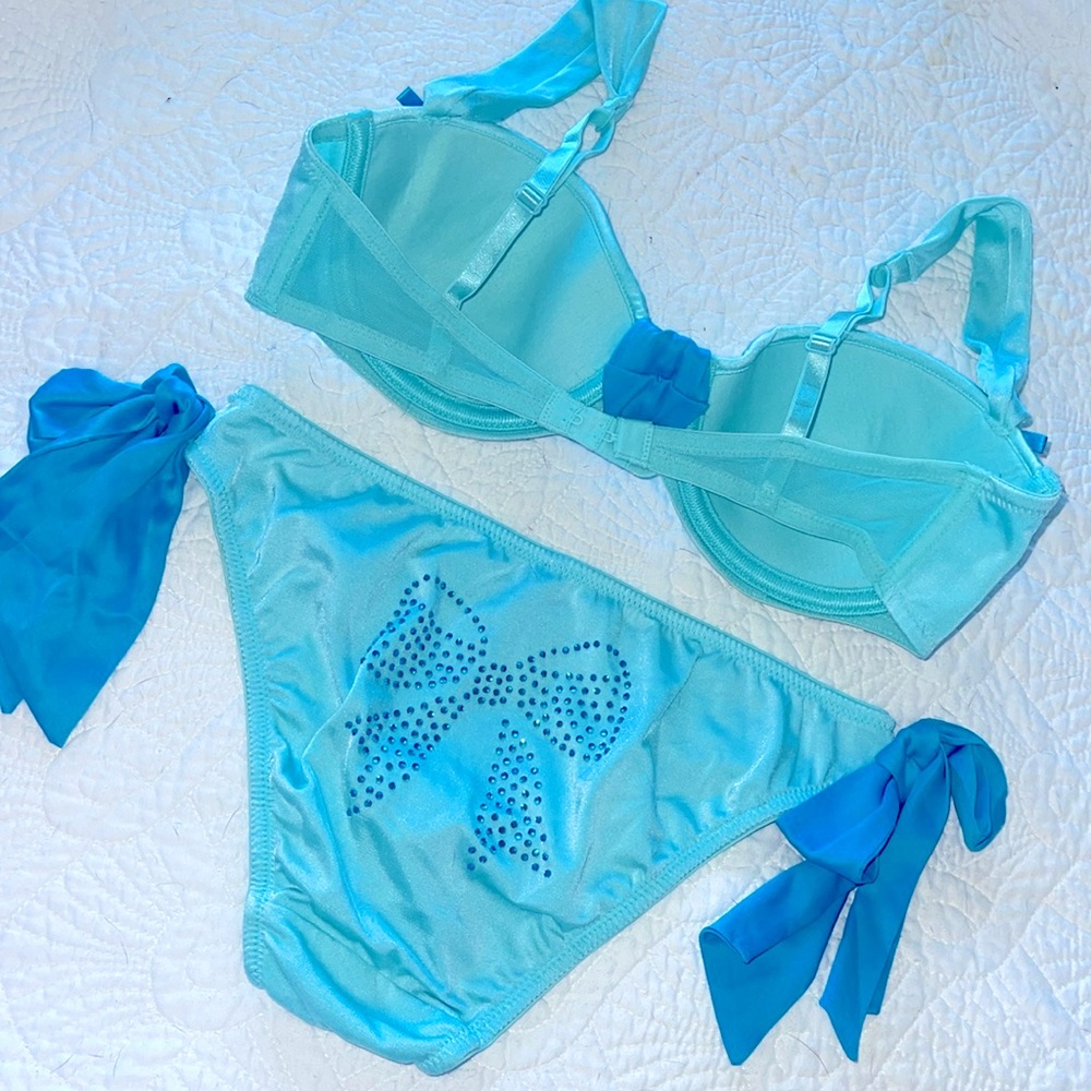 VS 2 PC Bride Tiffany Blue Wedding Demi Lined Bra Bling Bow Panties